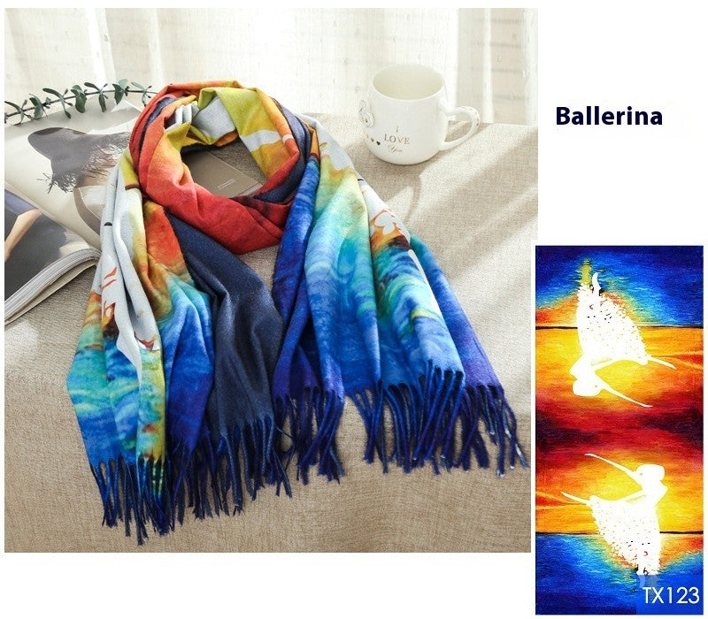 Aurora Tassel Oil Painting Scarf Shawl