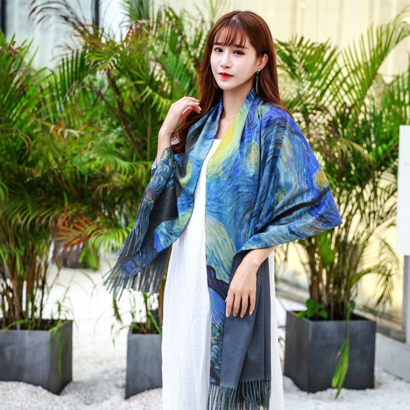 Aurora Tassel Oil Painting Scarf Shawl