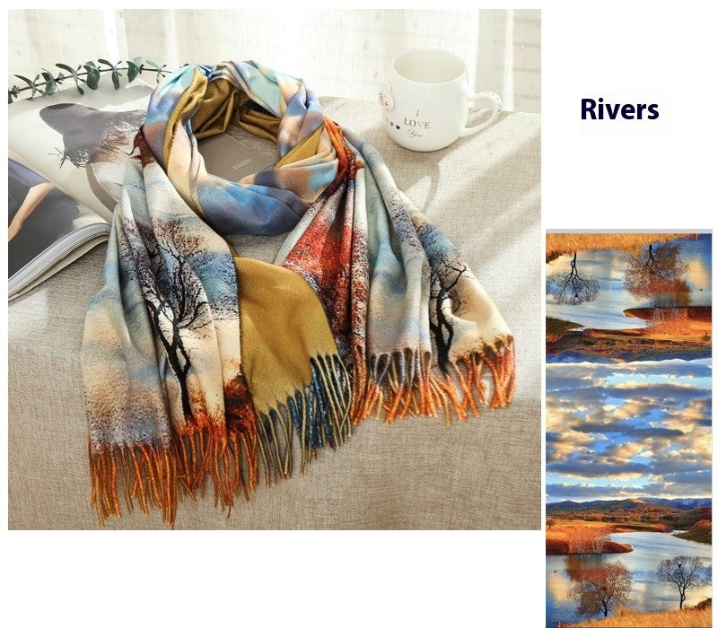 Aurora Tassel Oil Painting Scarf Shawl