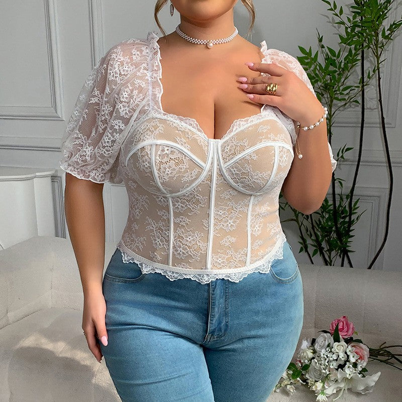 Valeria Lace Puff Sleeve See-Through Top (Plus Size)