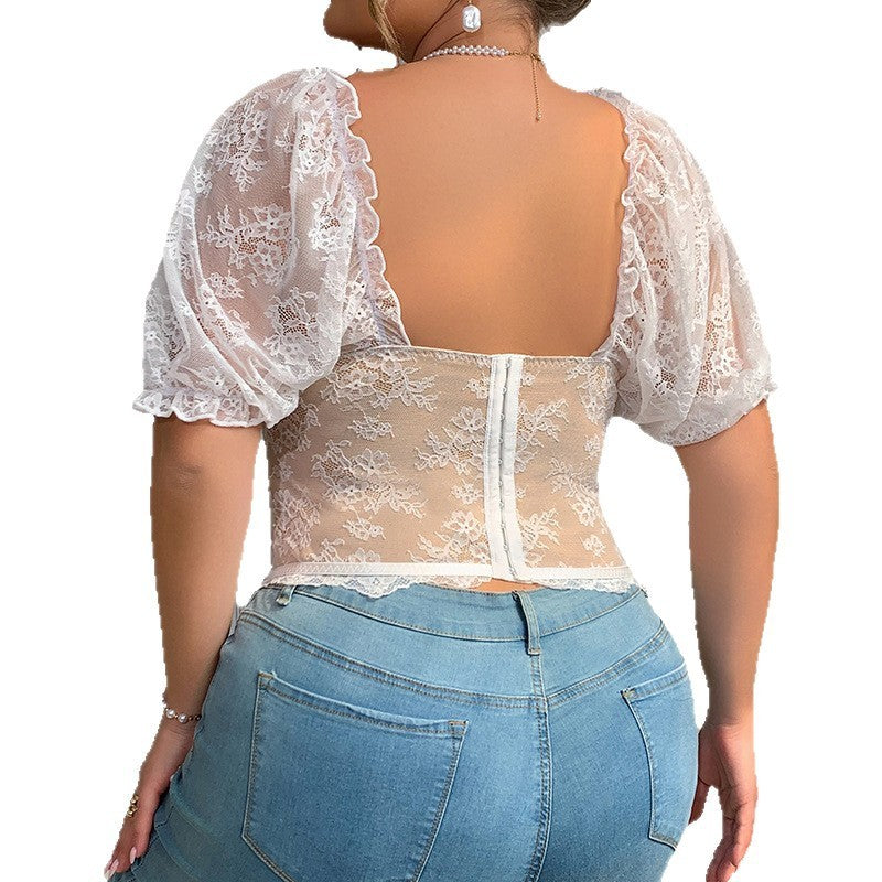 Valeria Lace Puff Sleeve See-Through Top (Plus Size)