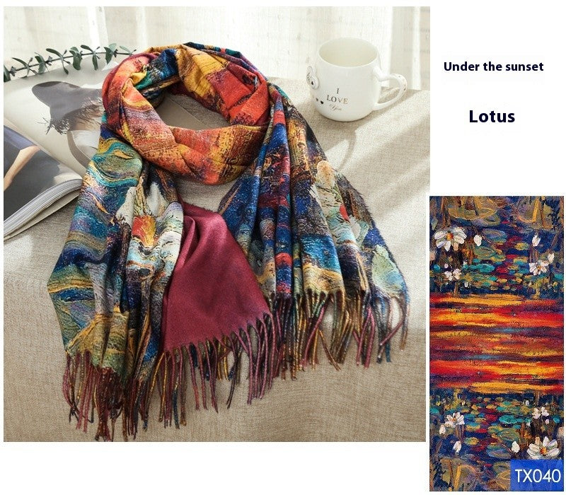 Aurora Tassel Oil Painting Scarf Shawl