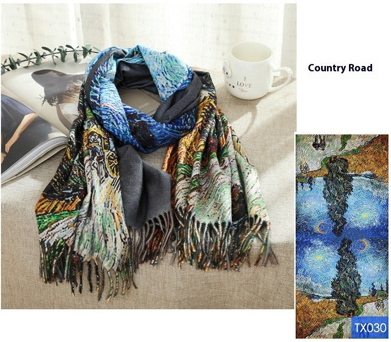 Aurora Tassel Oil Painting Scarf Shawl
