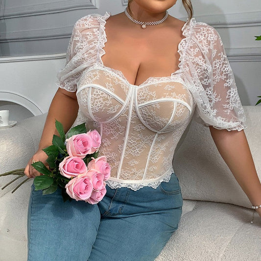 Valeria Lace Puff Sleeve See-Through Top (Plus Size)