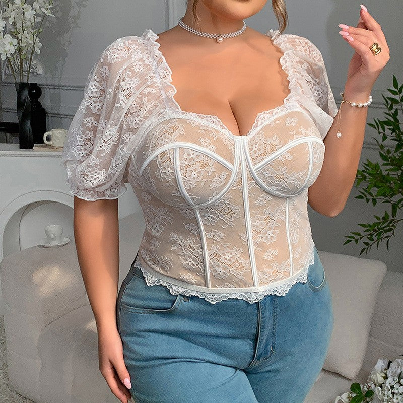 Valeria Lace Puff Sleeve See-Through Top (Plus Size)